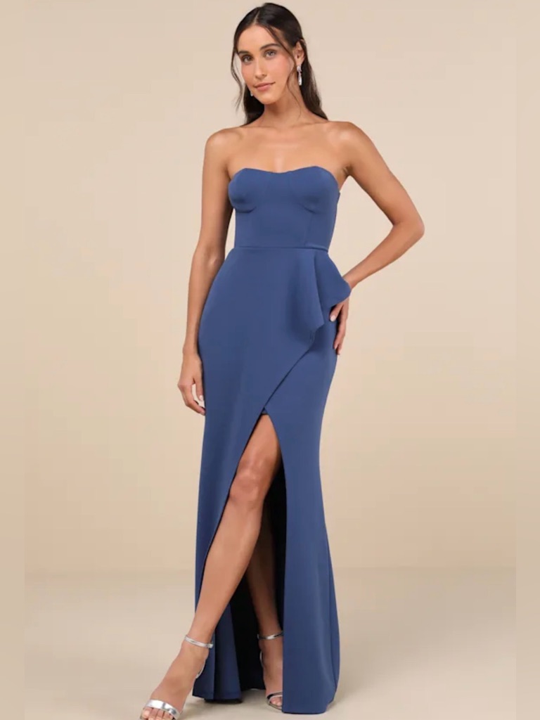 Nwt Lulus Stunning Splendor Strapless Blue Bustier Tulip Maxi Medium